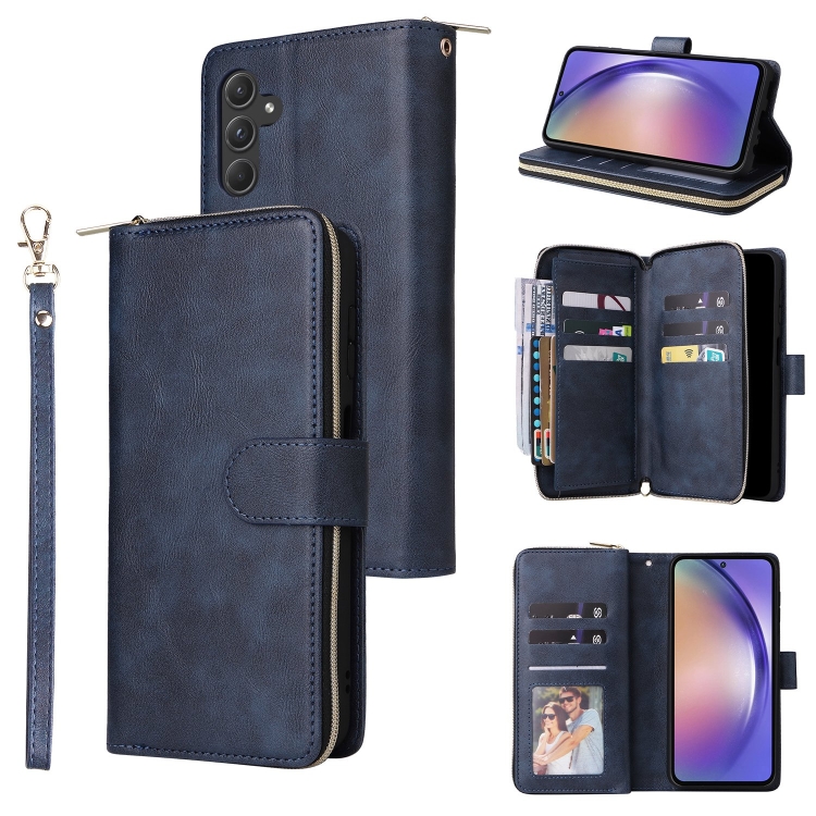 

For Samsung Galaxy A55 9-Card Slots Zipper Wallet Bag Leather Phone Case(Blue)