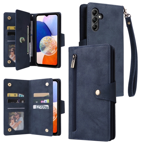 

For Samsung Galaxy A15 5G Rivet Buckle 9 Cards 3-Fold Wallet Leather Phone Case(Blue)