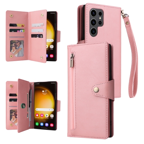 

For Samsung Galaxy S24 Ultra 5G Rivet Buckle 9 Cards 3-Fold Wallet Leather Phone Case(Rose Gold)