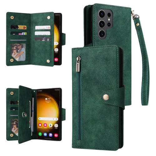 

For Samsung Galaxy S24 Ultra 5G Rivet Buckle 9 Cards 3-Fold Wallet Leather Phone Case(Green)