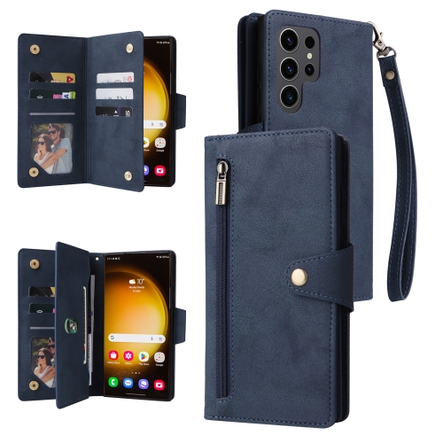 

For Samsung Galaxy S24 Ultra 5G Rivet Buckle 9 Cards 3-Fold Wallet Leather Phone Case(Blue)