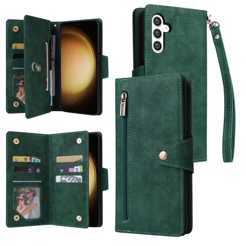 

For Samsung Galaxy S24+ 5G Rivet Buckle 9 Cards 3-Fold Wallet Leather Phone Case(Green)