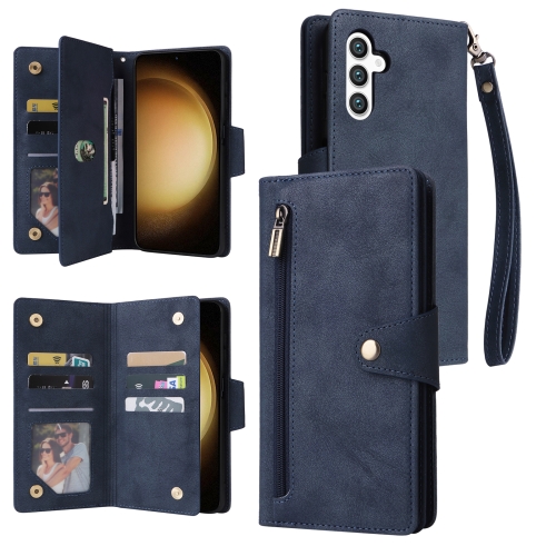 

For Samsung Galaxy S24+ 5G Rivet Buckle 9 Cards 3-Fold Wallet Leather Phone Case(Blue)