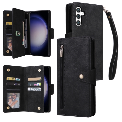 

For Samsung Galaxy S24 5G Rivet Buckle 9 Cards 3-Fold Wallet Leather Phone Case(Black)