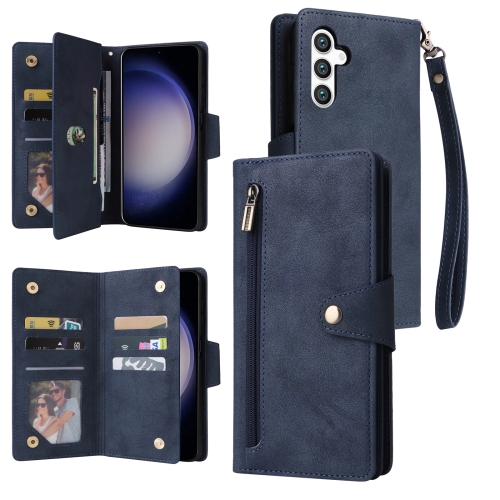 

For Samsung Galaxy S24 5G Rivet Buckle 9 Cards 3-Fold Wallet Leather Phone Case(Blue)