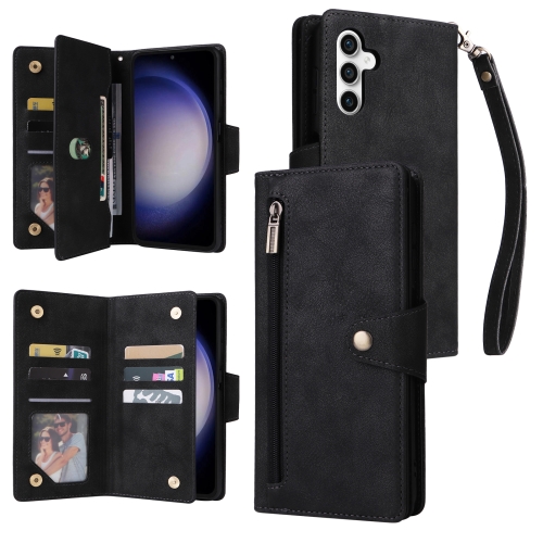 

For Samsung Galaxy S23 FE 5G Rivet Buckle 9 Cards 3-Fold Wallet Leather Phone Case(Black)