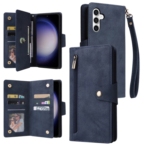 

For Samsung Galaxy S23 FE 5G Rivet Buckle 9 Cards 3-Fold Wallet Leather Phone Case(Blue)