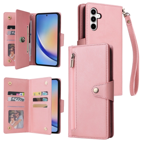 

For Samsung Galaxy A35 5G Rivet Buckle 9 Cards 3-Fold Wallet Leather Phone Case(Rose Gold)