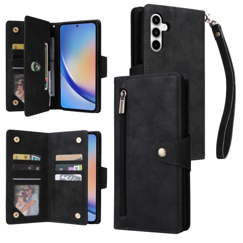 

For Samsung Galaxy A35 5G Rivet Buckle 9 Cards 3-Fold Wallet Leather Phone Case(Black)