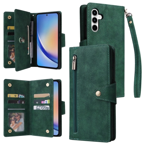 For Samsung Galaxy A35 5G Rivet Buckle 9 Cards 3-Fold Wallet Leather Phone Case(Green)