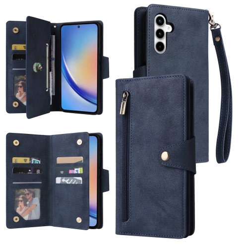 

For Samsung Galaxy A35 5G Rivet Buckle 9 Cards 3-Fold Wallet Leather Phone Case(Blue)