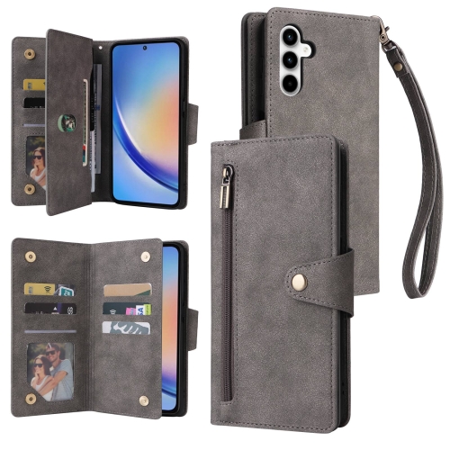 

For Samsung Galaxy A35 5G Rivet Buckle 9 Cards 3-Fold Wallet Leather Phone Case(Grey)
