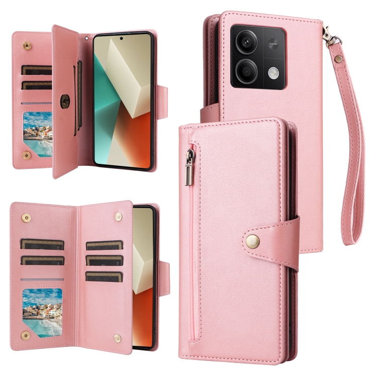 

For Xiaomi Redmi Note 13 5G Rivet Buckle 9 Cards Three Fold Leather Phone Case(Rose Gold)