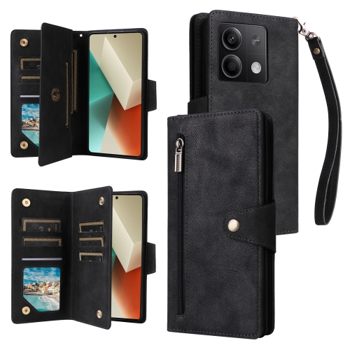 

For Xiaomi Redmi Note 13 5G Rivet Buckle 9 Cards Three Fold Leather Phone Case(Black)