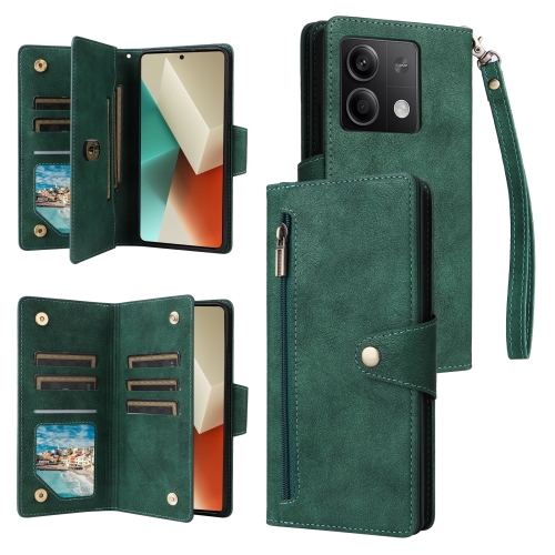 

For Xiaomi Redmi Note 13 5G Rivet Buckle 9 Cards Three Fold Leather Phone Case(Green)