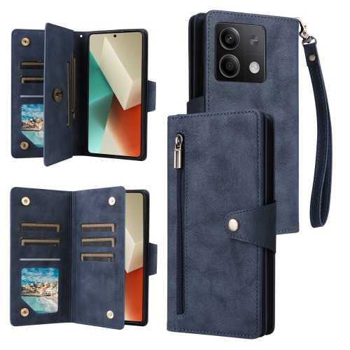 

For Xiaomi Redmi Note 13 5G Rivet Buckle 9 Cards Three Fold Leather Phone Case(Blue)