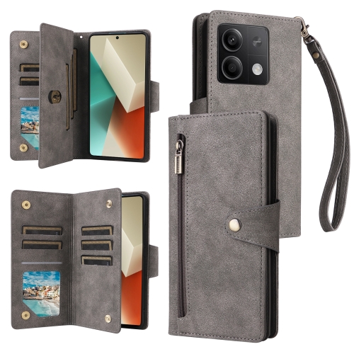 

For Xiaomi Redmi Note 13 5G Rivet Buckle 9 Cards Three Fold Leather Phone Case(Grey)