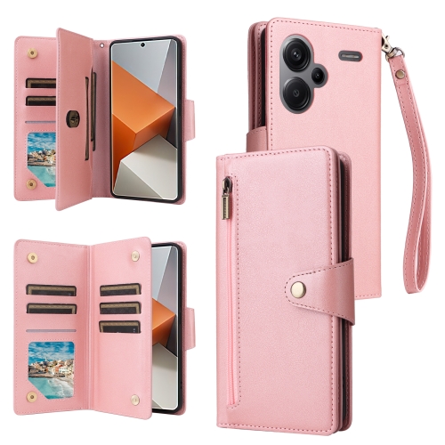 

For Xiaomi Redmi Note 13 Pro+ Rivet Buckle 9 Cards Three Fold Leather Phone Case(Rose Gold)
