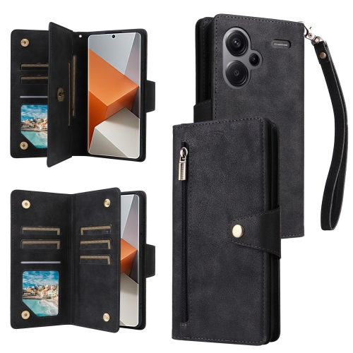 

For Xiaomi Redmi Note 13 Pro+ Rivet Buckle 9 Cards Three Fold Leather Phone Case(Black)