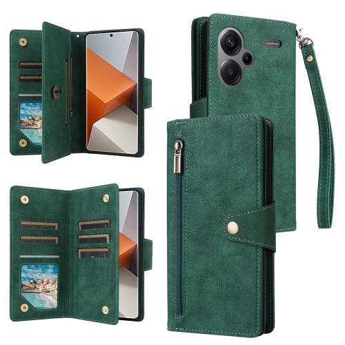 

For Xiaomi Redmi Note 13 Pro+ Rivet Buckle 9 Cards Three Fold Leather Phone Case(Green)