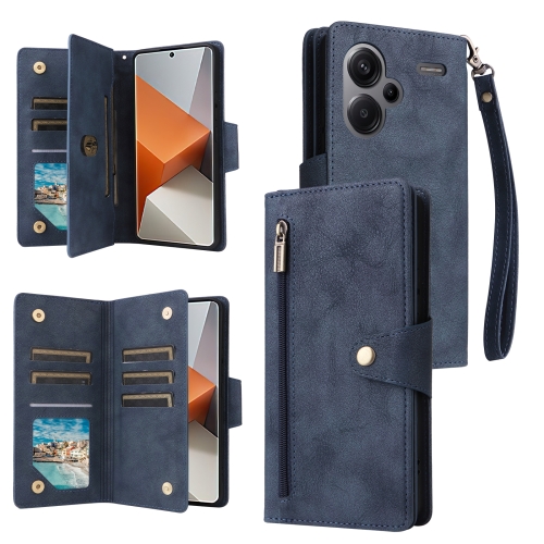 

For Xiaomi Redmi Note 13 Pro+ Rivet Buckle 9 Cards Three Fold Leather Phone Case(Blue)