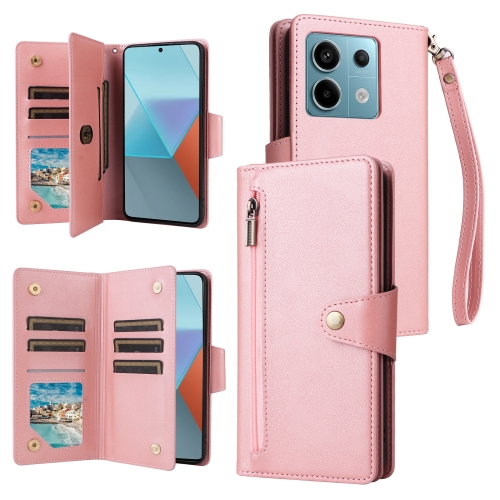 

For Xiaomi Redmi Note 13 Pro 5G Rivet Buckle 9 Cards Three Fold Leather Phone Case(Rose Gold)