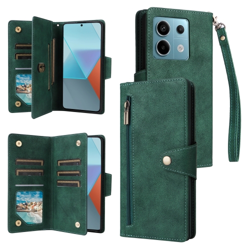 

For Xiaomi Redmi Note 13 Pro 5G Rivet Buckle 9 Cards Three Fold Leather Phone Case(Green)