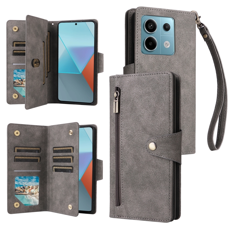 

For Xiaomi Redmi Note 13 Pro 5G Rivet Buckle 9 Cards Three Fold Leather Phone Case(Grey)