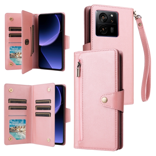 

For Xiaomi 13T Pro 5G /13T 5G Global Rivet Buckle 9 Cards Three Fold Leather Phone Case(Rose Gold)