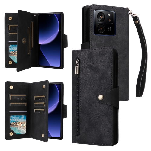 

For Xiaomi 13T Pro 5G /13T 5G Global Rivet Buckle 9 Cards Three Fold Leather Phone Case(Black)