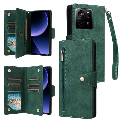 

For Xiaomi 13T Pro 5G /13T 5G Global Rivet Buckle 9 Cards Three Fold Leather Phone Case(Green)