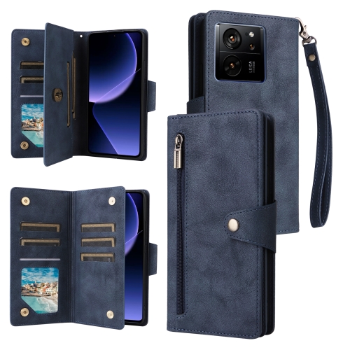 

For Xiaomi 13T Pro 5G /13T 5G Global Rivet Buckle 9 Cards Three Fold Leather Phone Case(Blue)