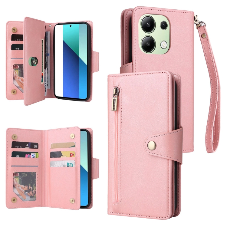 

For Xiaomi Redmi Note 13 4G Rivet Buckle 9 Cards Three Fold Leather Phone Case(Rose Gold)