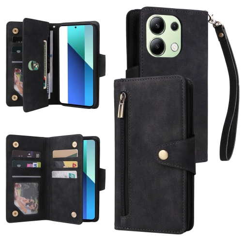 

For Xiaomi Redmi Note 13 4G Rivet Buckle 9 Cards Three Fold Leather Phone Case(Black)