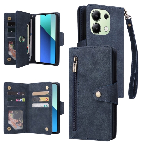 

For Xiaomi Redmi Note 13 4G Rivet Buckle 9 Cards Three Fold Leather Phone Case(Blue)