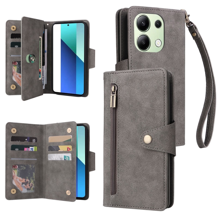 

For Xiaomi Redmi Note 13 4G Rivet Buckle 9 Cards Three Fold Leather Phone Case(Grey)