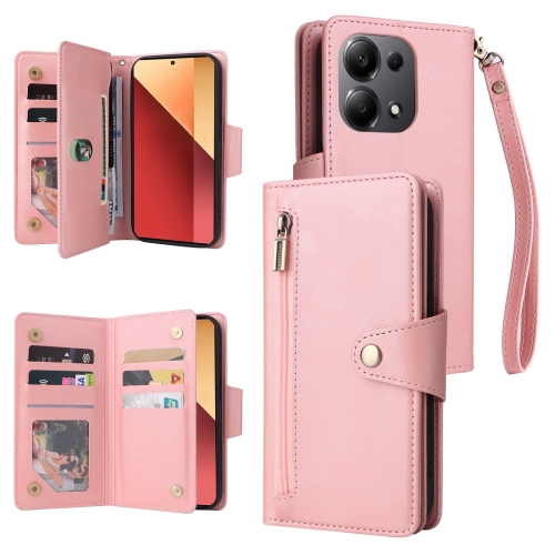 

For Xiaomi Redmi Note 13 Pro 4G Rivet Buckle 9 Cards Three Fold Leather Phone Case(Rose Gold)