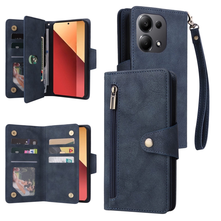 

For Xiaomi Redmi Note 13 Pro 4G Rivet Buckle 9 Cards Three Fold Leather Phone Case(Blue)