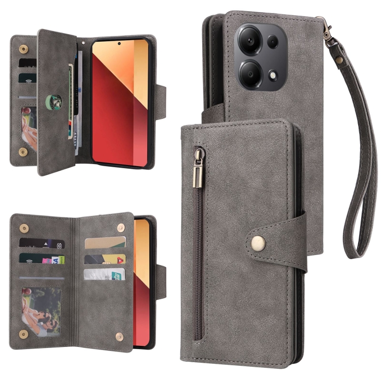 

For Xiaomi Redmi Note 13 Pro 4G Rivet Buckle 9 Cards Three Fold Leather Phone Case(Grey)