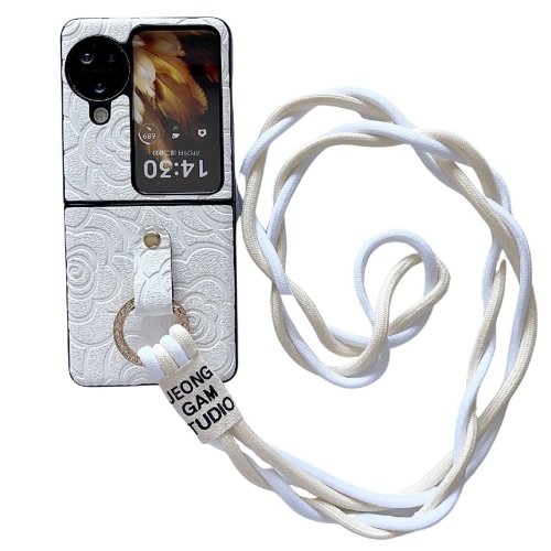

For OPPO Find N3 Flip Impression Camellia Pattern Protective Phone Case with Diamond Ring Long Lanyard(White)