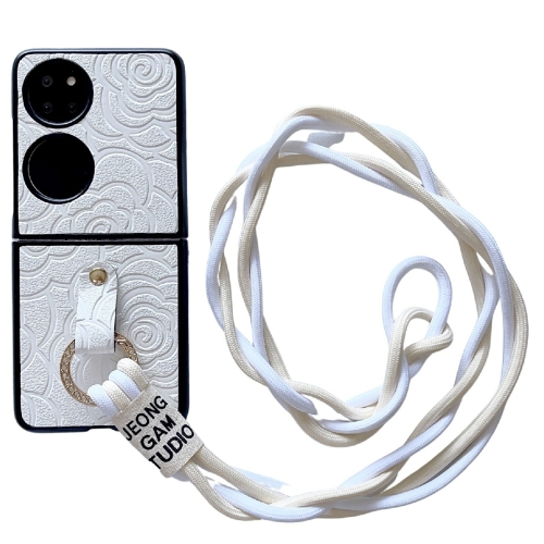 

For Huawei P50 Pocket Impression Camellia Pattern Protective Phone Case with Diamond Ring Long Lanyard(White)