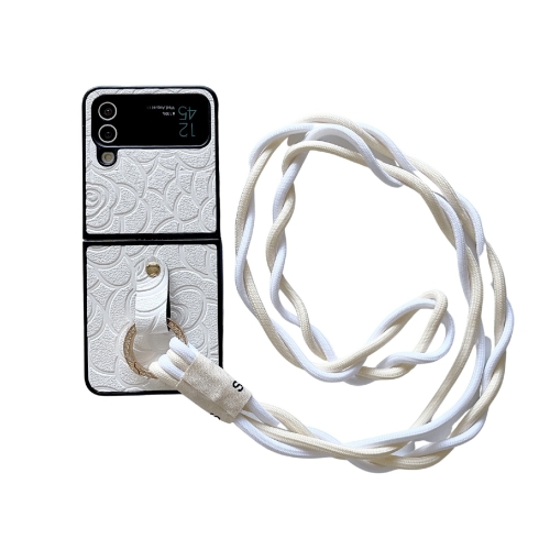 

For Samsung Galaxy Z Flip4 5G Impression Camellia Pattern Protective Phone Case with Diamond Ring Long Lanyard(White)