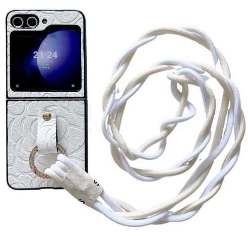 

For Samsung Galaxy Z Flip6 Impression Camellia Pattern Protective Phone Case with Diamond Ring Long Lanyard(White)