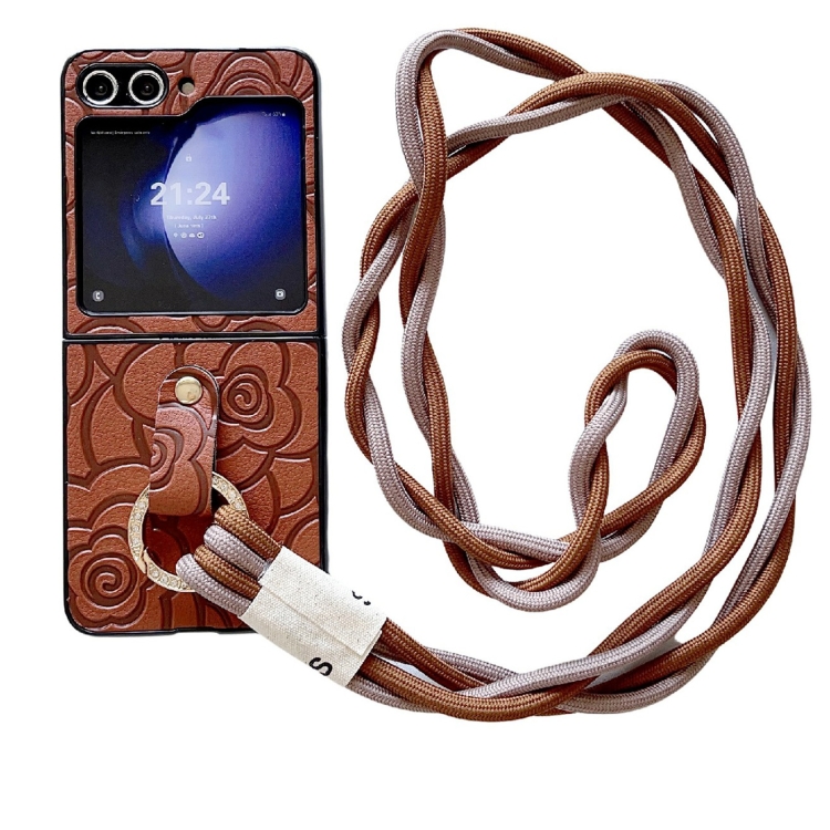 

For Samsung Galaxy Z Flip6 Impression Camellia Pattern Protective Phone Case with Diamond Ring Long Lanyard(Brown)