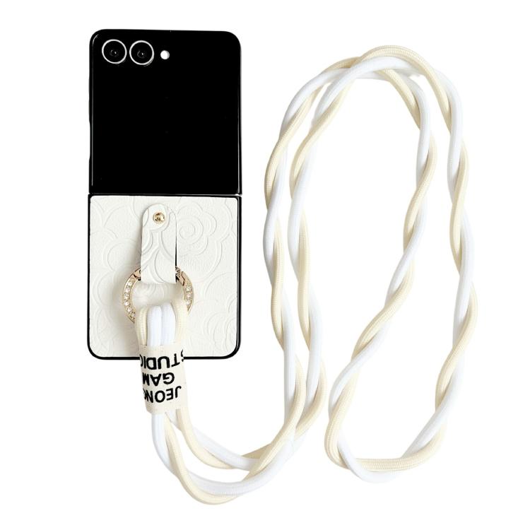 

For Samsung Galaxy Z Flip7 5G Impression Camellia Pattern Protective Phone Case with Diamond Ring Long Lanyard(White)