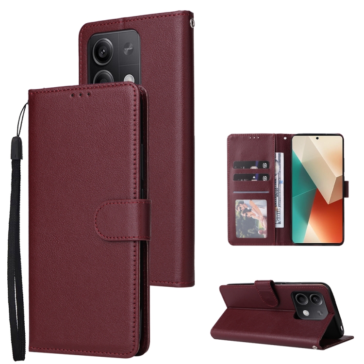 

For Xiaomi Redmi Note 13 5G Multifunctional Horizontal Flip Leather Phone Case with Three Card Slot(Wine Red)