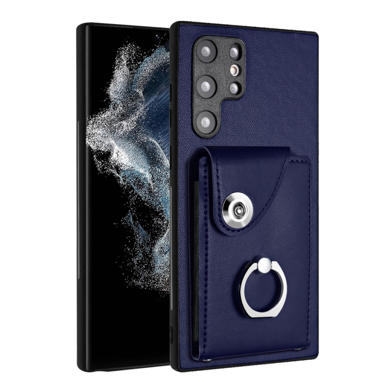 

For Samsung Galaxy S22 Ultra 5G Organ Card Bag Ring Holder PU Phone Case(Blue)
