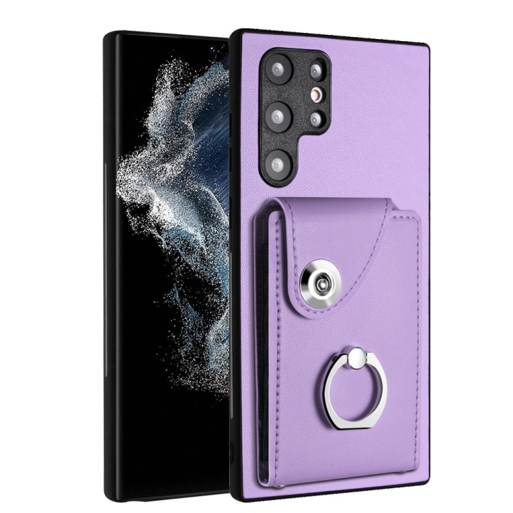 

For Samsung Galaxy S22 Ultra 5G Organ Card Bag Ring Holder PU Phone Case(Purple)
