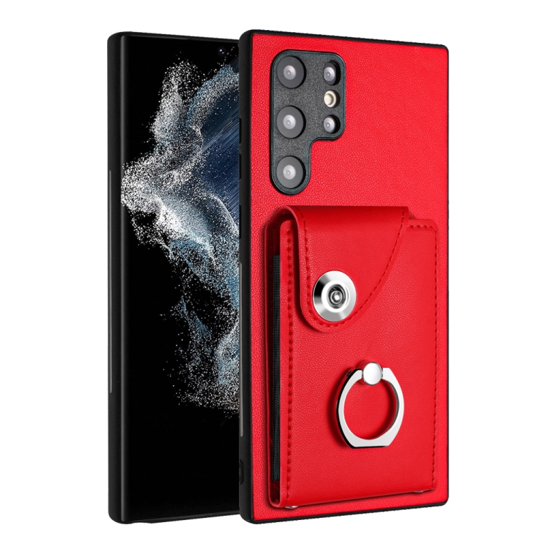 

For Samsung Galaxy S22 Ultra 5G Organ Card Bag Ring Holder PU Phone Case(Red)