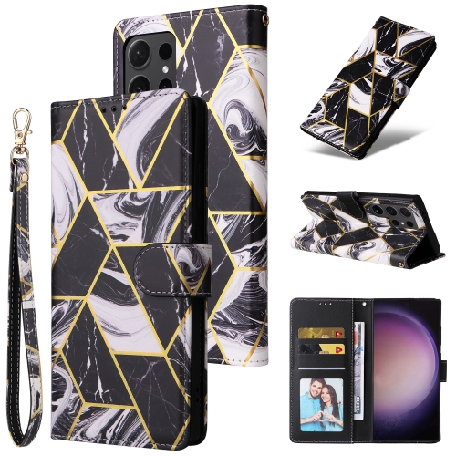 

For Samsung Galaxy S24 Ultra 5G Marble Bronzing Stitching Leather Phone Case(Black)